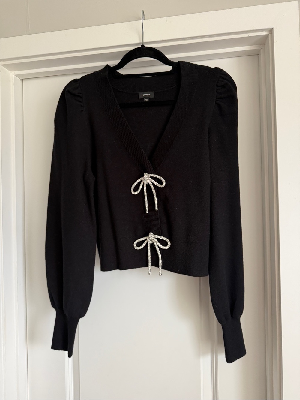 Express Black Knit Cardigan with Rhinestone Bow Ties